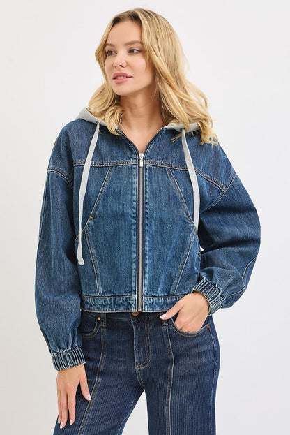 Risen Hooded Denim Bomber Jacket | Cropped 100% Cotton