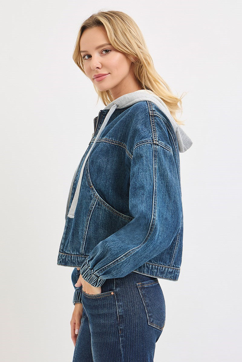 Risen Hooded Denim Bomber Jacket | Cropped 100% Cotton