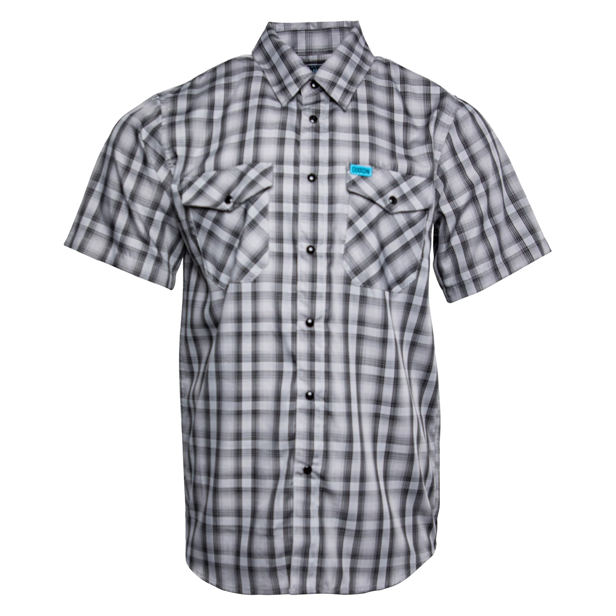 DIXXON Vagabond short sleeve plaid shirt in grey and black with snap buttons