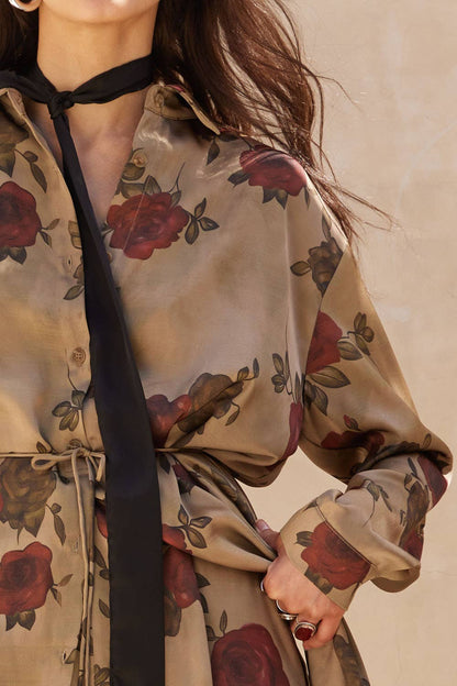 Floral-Print Satin Belted Button-Up Shirt Romper