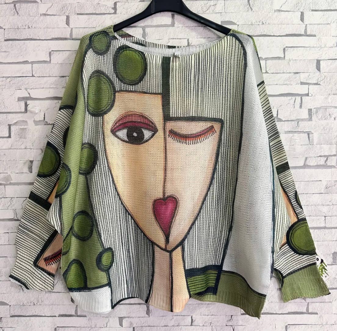 ZAPIC Olive "Picasso"  Round Knit Printed Sweater