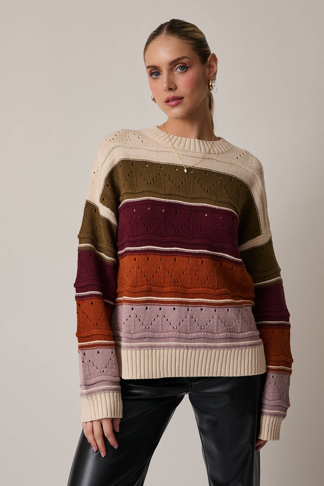 ROUND NECK LONG SLEEVE COLOR BLOCK SWEATER TOP