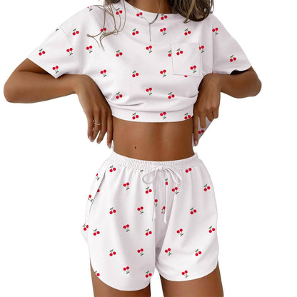 Two Piece Lounge Pajama Set Tee Top Drawstring Shorts