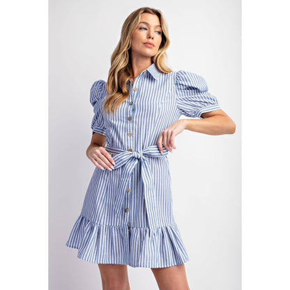 COTTON STRIPED BELTED SHIRT DRESS