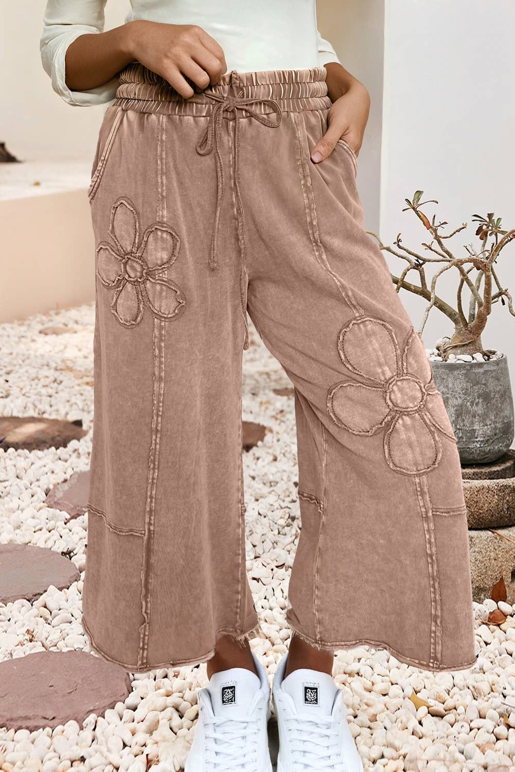 Little Daisy Closet Floral Patch Mineral Washed Terry Knit Cropped Pants