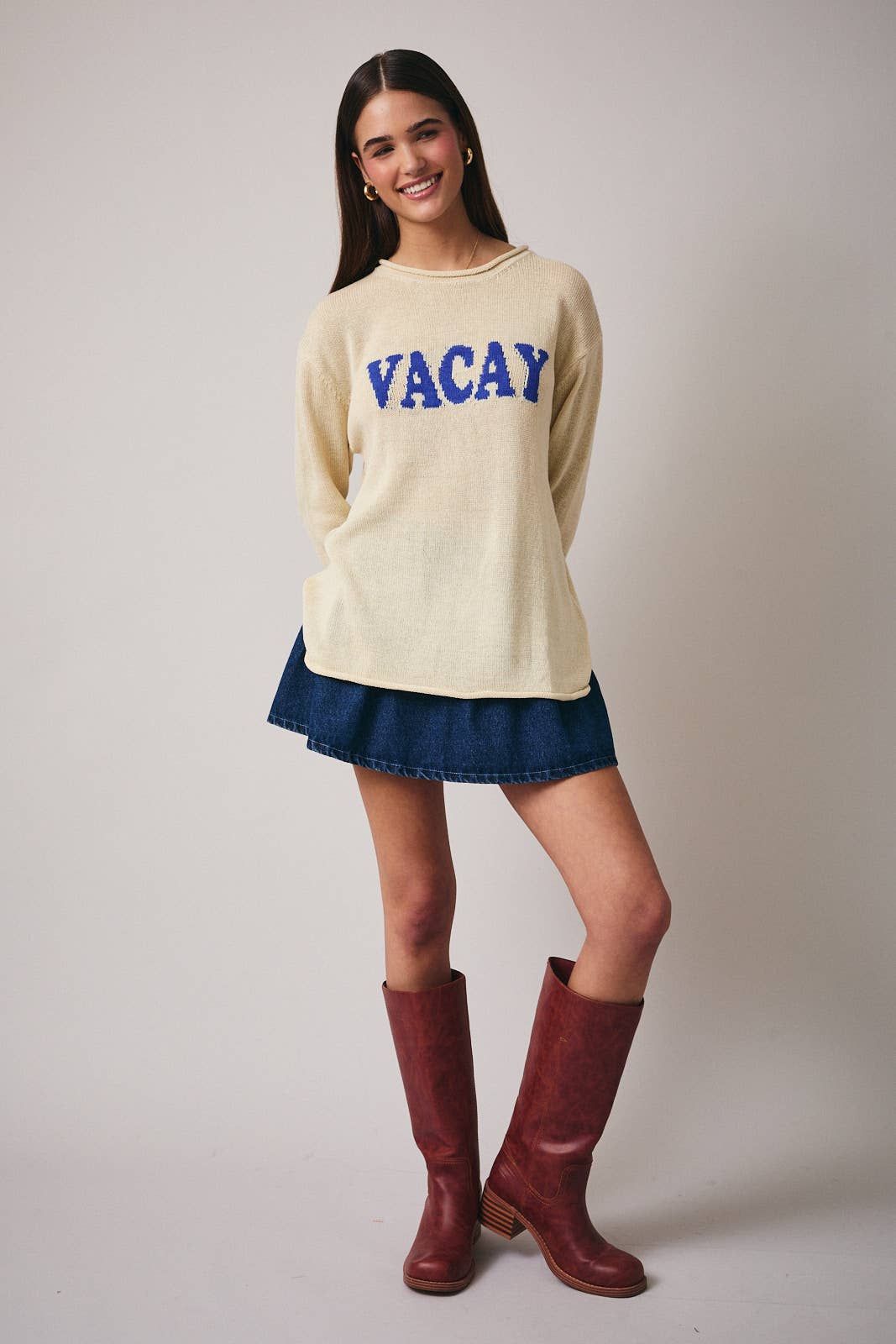 ROLL UP NECK LONG SLEEVE "VACAY “LT WEIGHT SWEATER