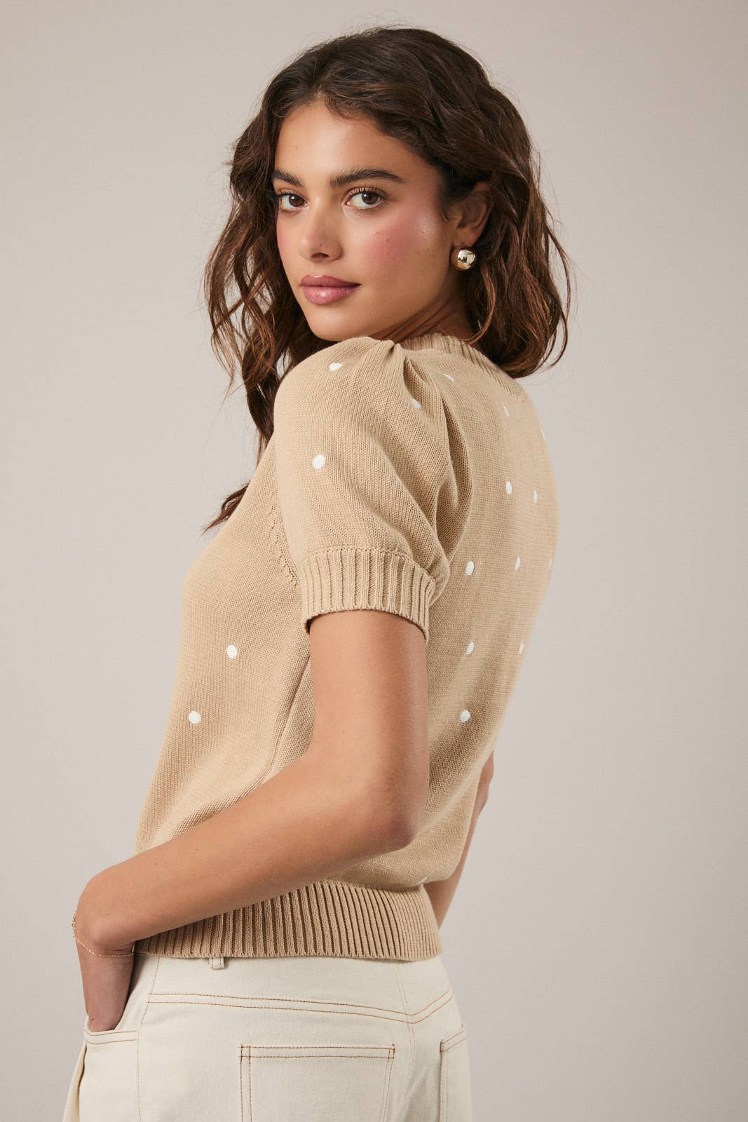 Sunday Edition - Round Neck Puff Short Sleeve “Polka Dot” Embroidered Sweater