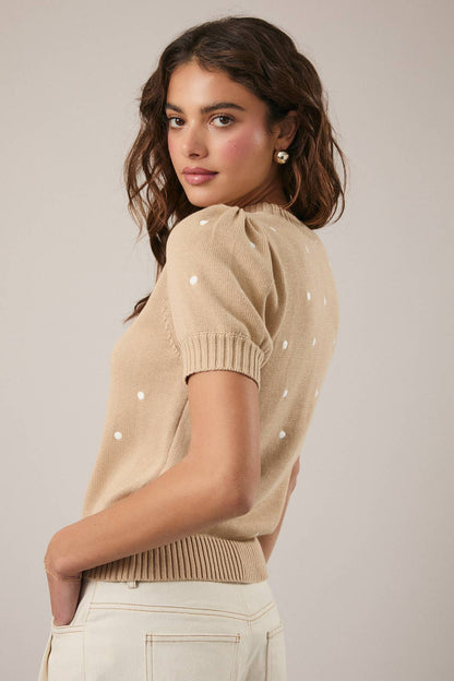 Sunday Edition - Round Neck Puff Short Sleeve “Polka Dot” Embroidered Sweater