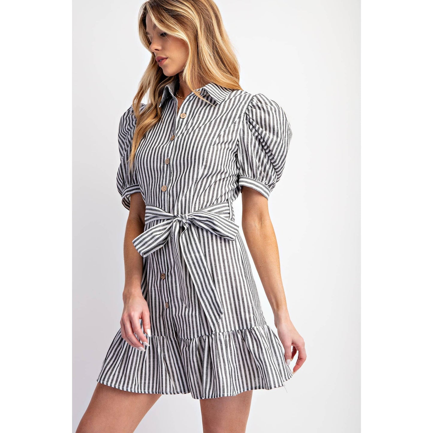 COTTON STRIPED BELTED SHIRT DRESS
