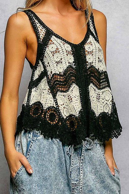 Border Weave Scalloped Crochet V-Neck Sleeveless Top