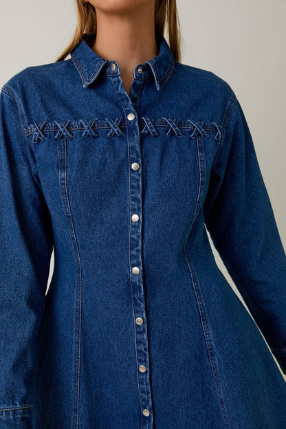 WIDE SHOULDER LONG SLEEVE FIT & FLARE DENIM MINI DRESS