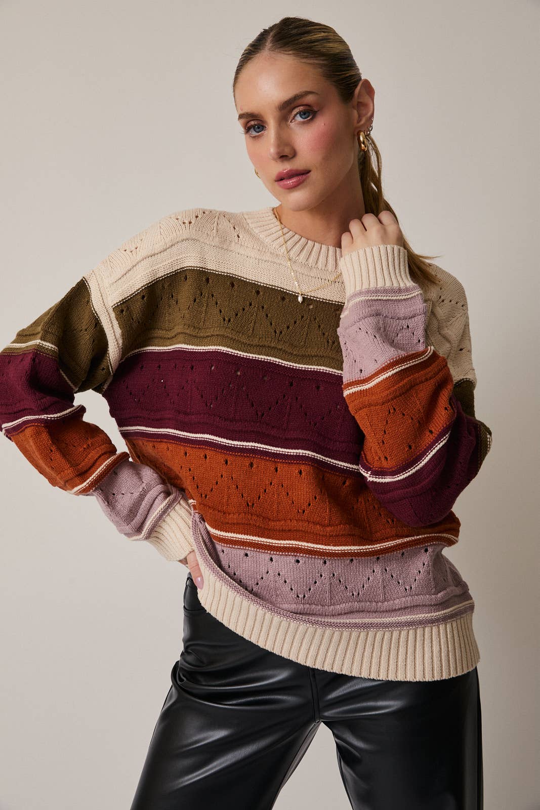 ROUND NECK LONG SLEEVE COLOR BLOCK SWEATER TOP