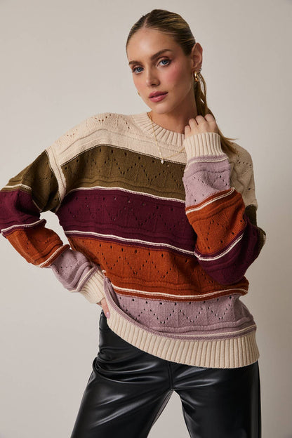 ROUND NECK LONG SLEEVE COLOR BLOCK SWEATER TOP