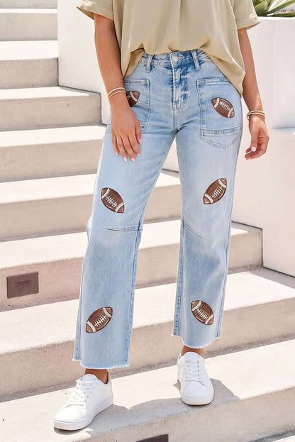 Little Daisy Closet Game Day Sequin Detail High Waist Patchwork Shift Jeans