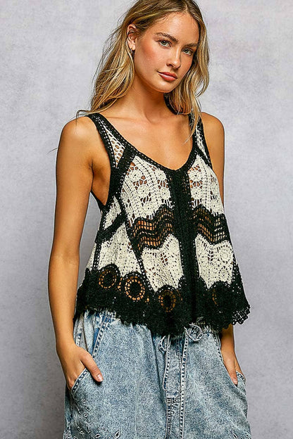 Border Weave Scalloped Crochet V-Neck Sleeveless Top