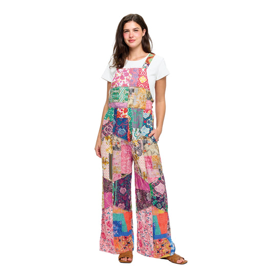 Yak & Yeti Hippie Wide Leg Printed Patchwork Overalls