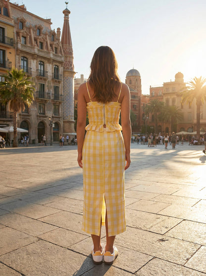 Baby Pink - Gingham Printed Sweetheart Neckline Top and Midi Skirt Set