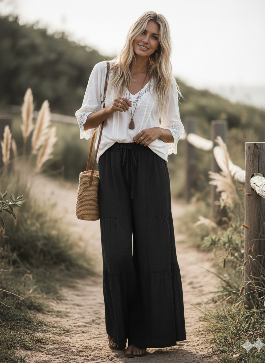 Sewn and Seen Linen Blend Tiered Wide Leg Palazzo Full Length Pants