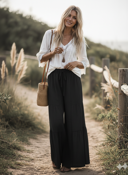 Sewn and Seen Linen Blend Tiered Wide Leg Palazzo Full Length Pants