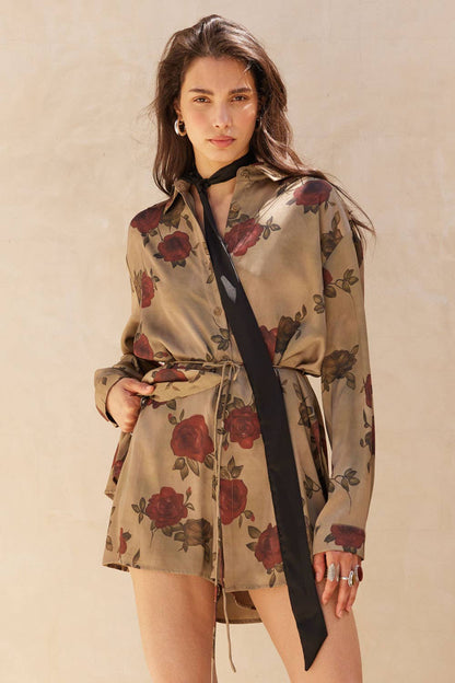 Floral-Print Satin Belted Button-Up Shirt Romper