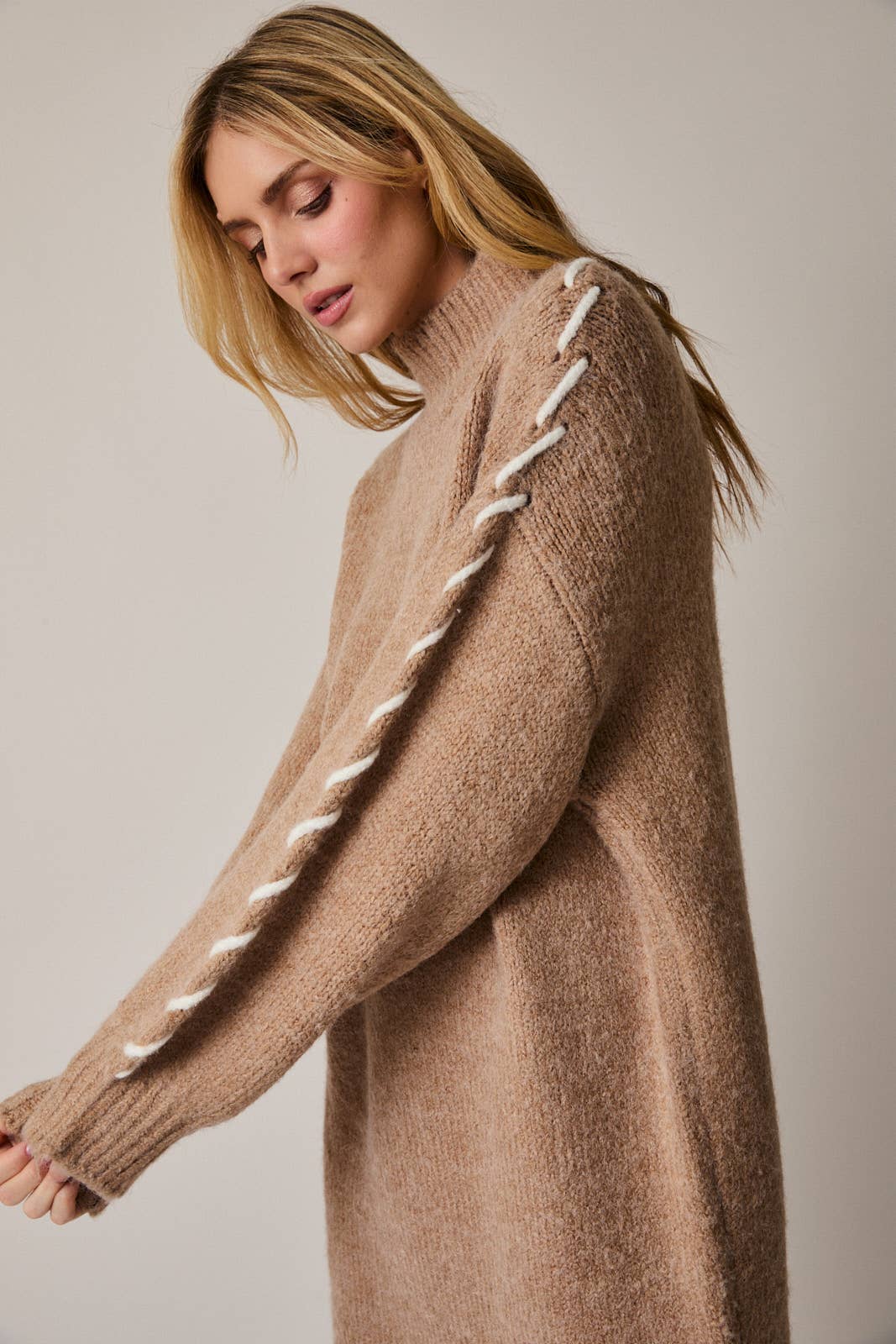 MOCK NECK LONG SLEEVE STITCH DETAIL SWEATER DRESS