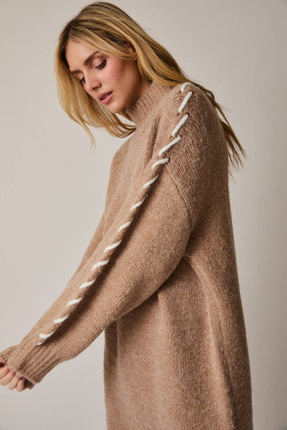 MOCK NECK LONG SLEEVE STITCH DETAIL SWEATER DRESS