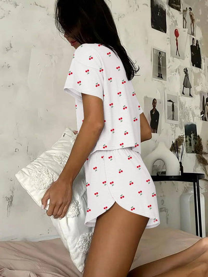 Two Piece Lounge Pajama Set Tee Top Drawstring Shorts
