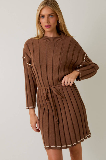 3/4 SLEEVE STITCH DETAIL MINI SWEATER DRESS