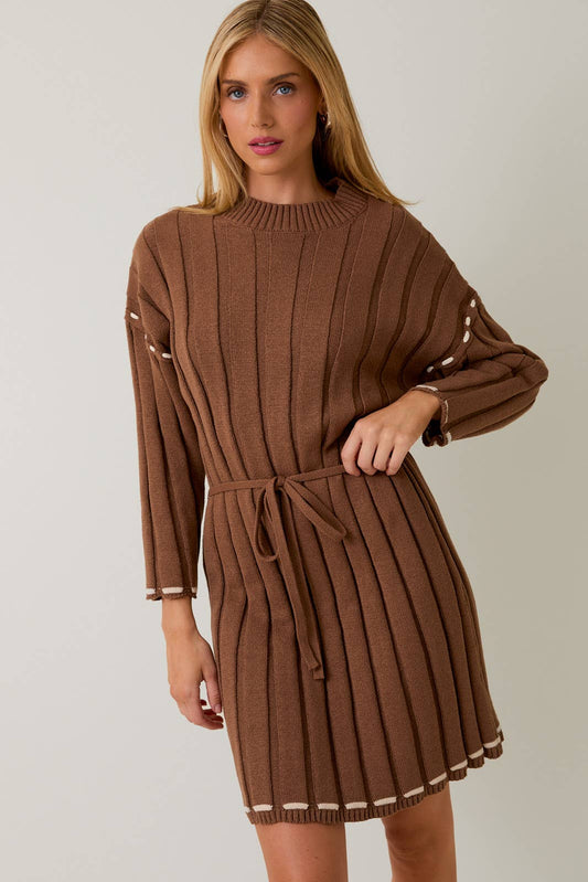 3/4 SLEEVE STITCH DETAIL MINI SWEATER DRESS