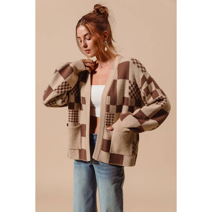 So Me Checkered Open Front Cardigan with Pockets