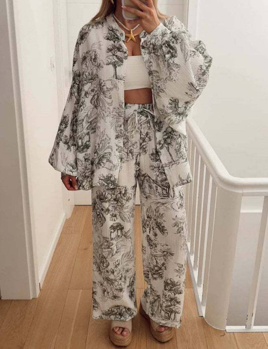 Casual Print Shirt Loose Pants Set