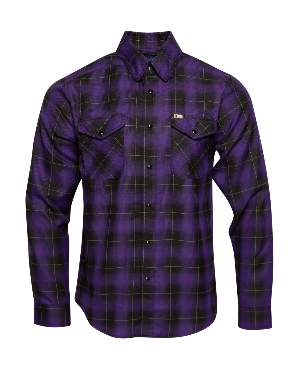Dixxon long-sleeve flannel shirt with plaid pattern, snap buttons, and dual chest pockets