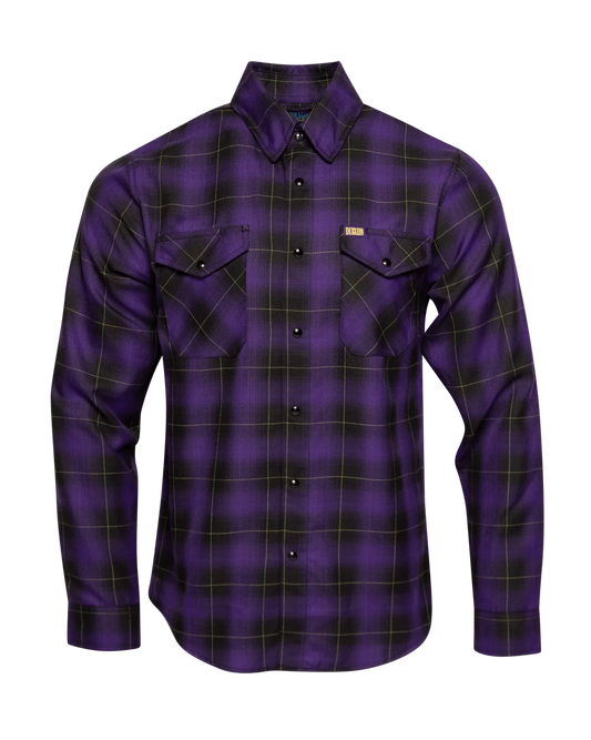 Dixxon long-sleeve flannel shirt with plaid pattern, snap buttons, and dual chest pockets