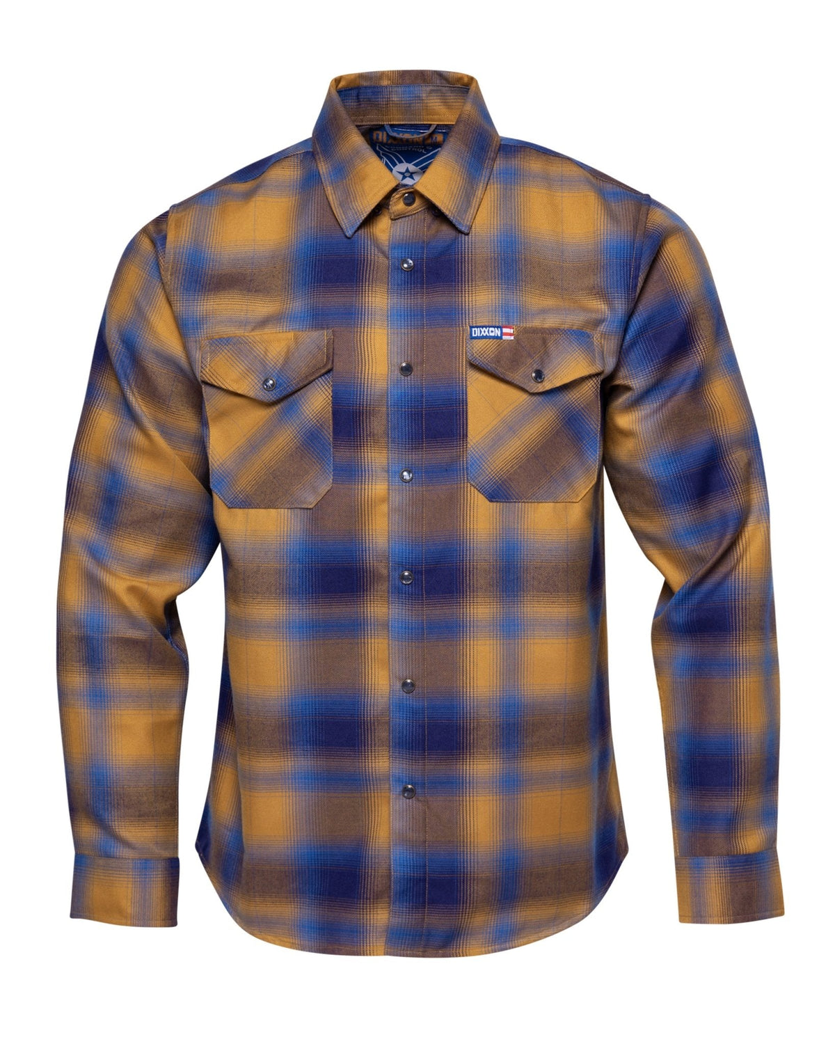 Dixxon men's long-sleeve flannel shirt with chest pockets and snap buttons displayed flat