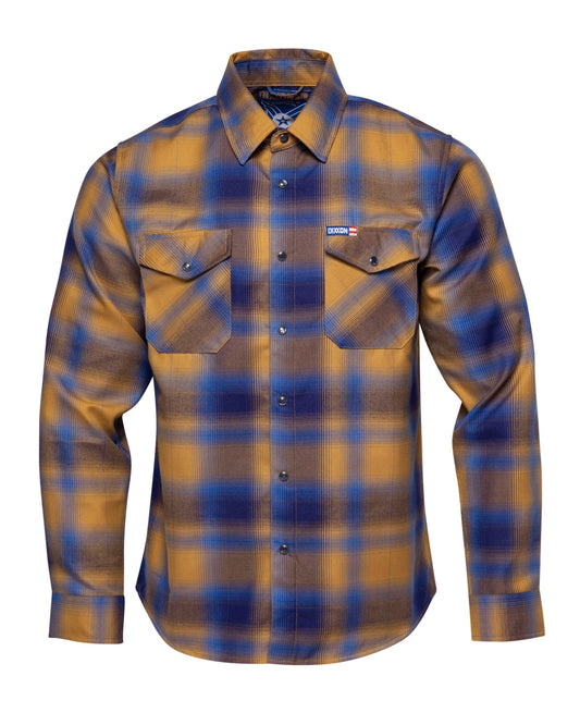 Dixxon men's long-sleeve flannel shirt with chest pockets and snap buttons displayed flat