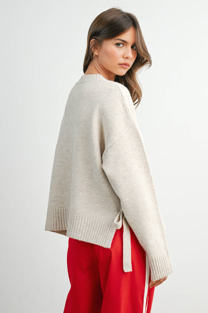 Buttermelon Tie Split-Hem Crewneck Long Sleeve Top
