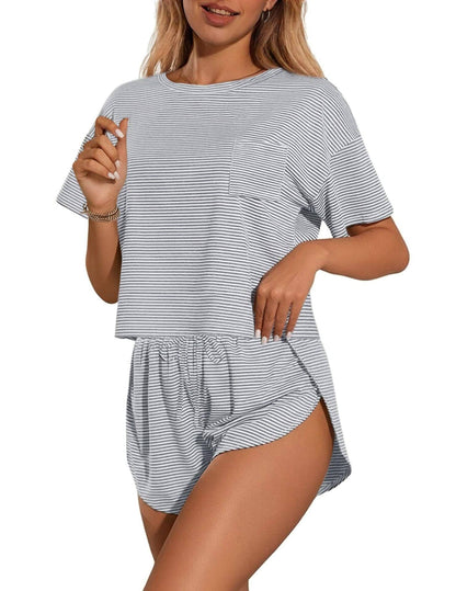Two Piece Lounge Pajama Set Tee Top Drawstring Shorts