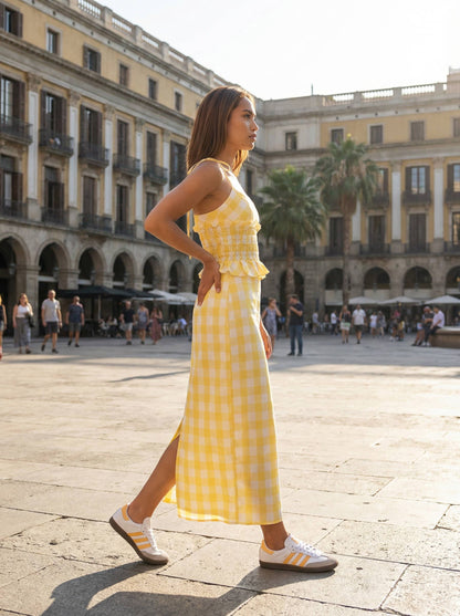 Baby Pink - Gingham Printed Sweetheart Neckline Top and Midi Skirt Set