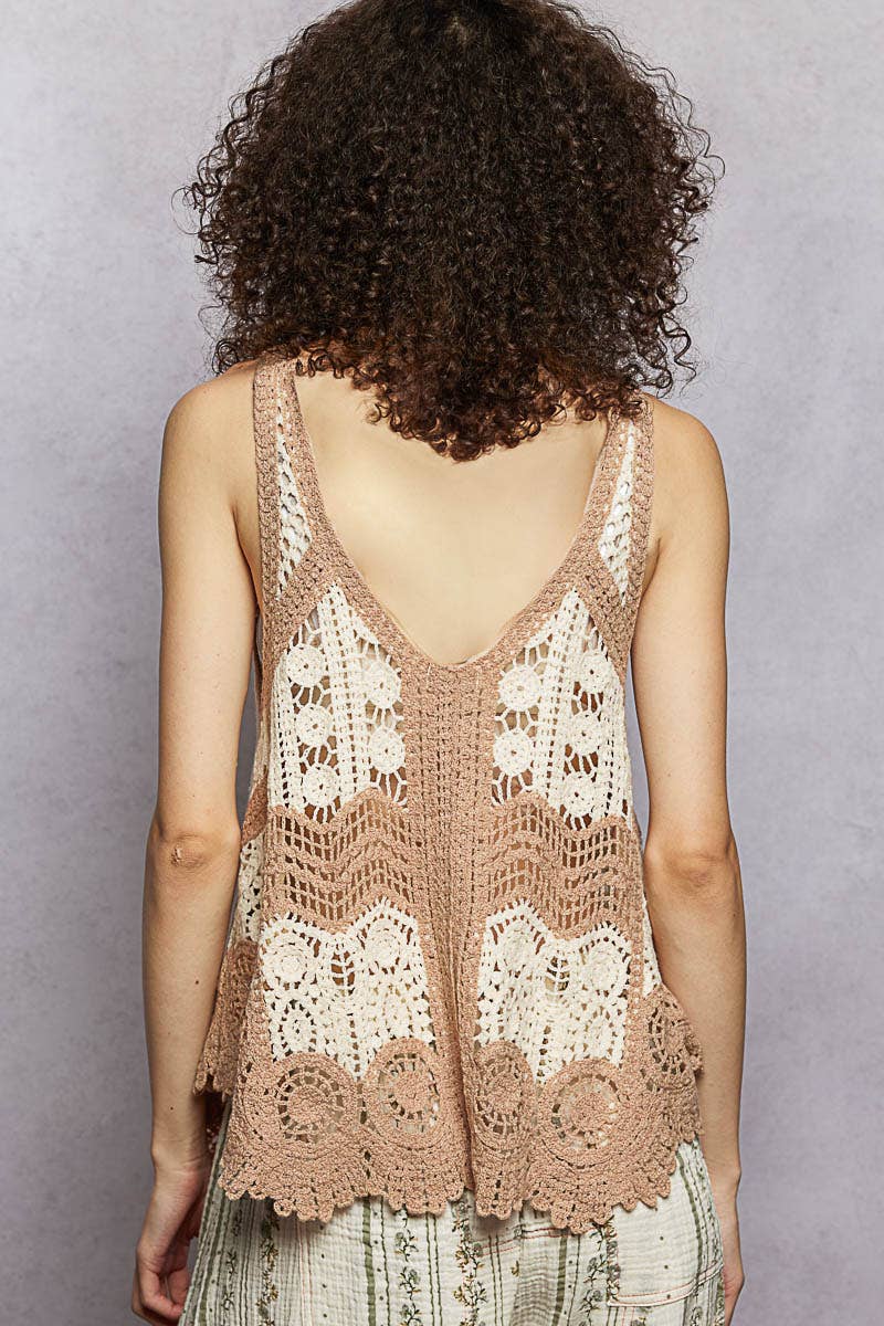 Border Weave Scalloped Crochet V-Neck Sleeveless Top