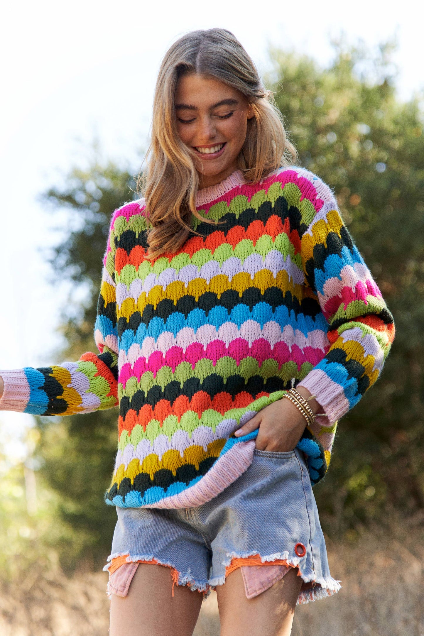 Fish Scales Multicolor Design Knit Sweater