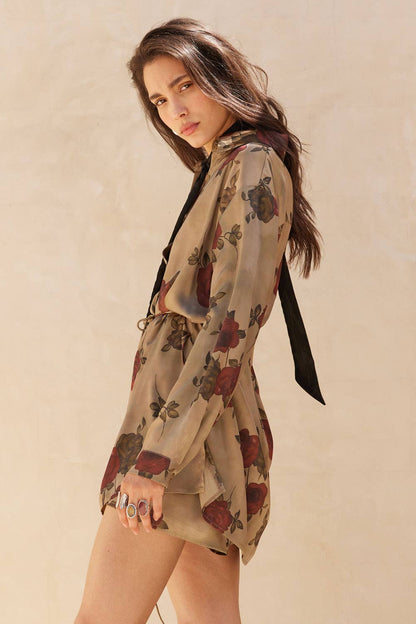 Floral-Print Satin Belted Button-Up Shirt Romper