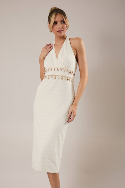 V NECK HALTER SHELL TRIM DETAILED DRESS