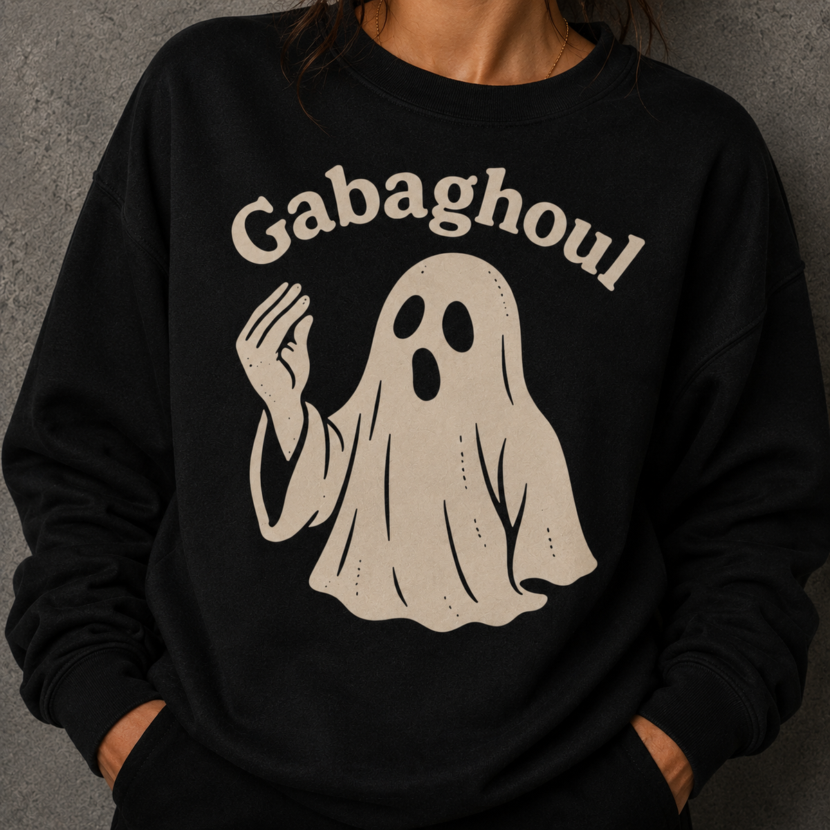 Black crewneck sweatshirt with cream ghost graphic and Gabaghoul text