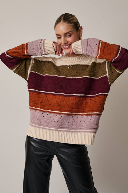 ROUND NECK LONG SLEEVE COLOR BLOCK SWEATER TOP