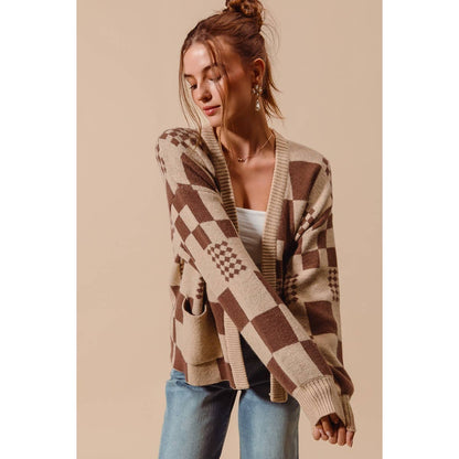So Me Checkered Open Front Cardigan with Pockets