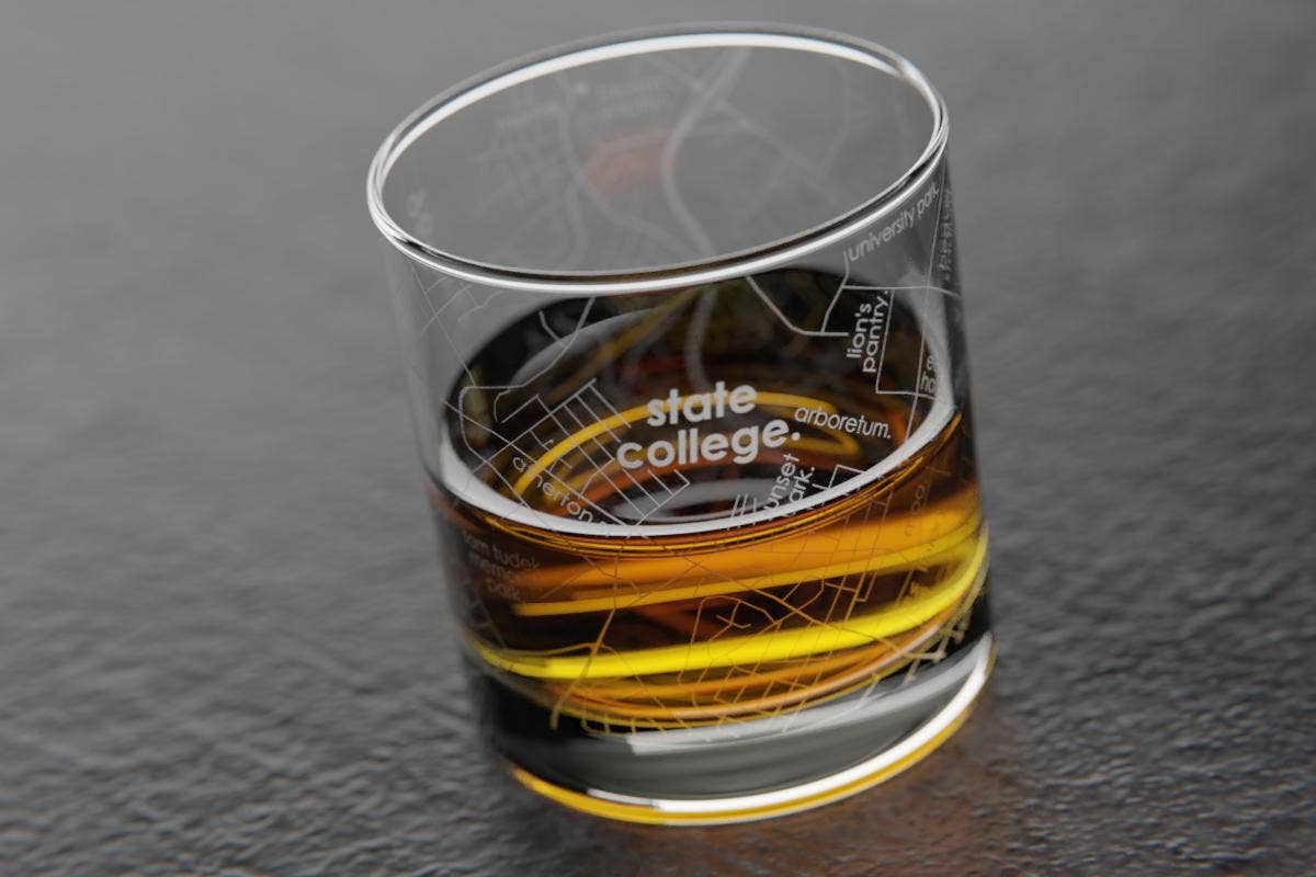 Colleges - State College Town Map - Etched Whiskey Rocks Glass - 11 oz
