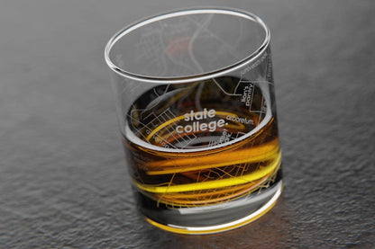 Colleges - State College Town Map - Etched Whiskey Rocks Glass - 11 oz