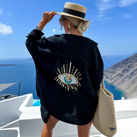 Sequins Evil Eye Long Sleeve Button Down/Cover-Up Top