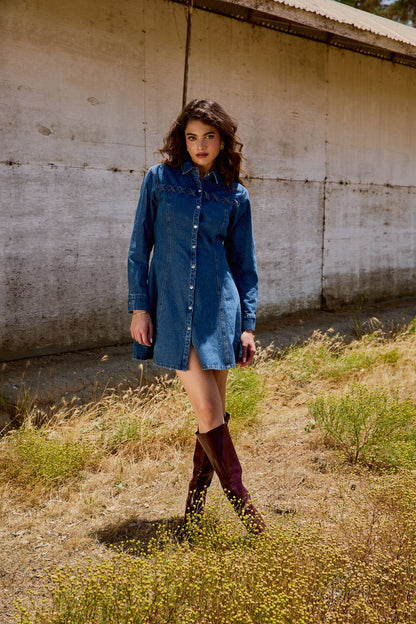 WIDE SHOULDER LONG SLEEVE FIT & FLARE DENIM MINI DRESS