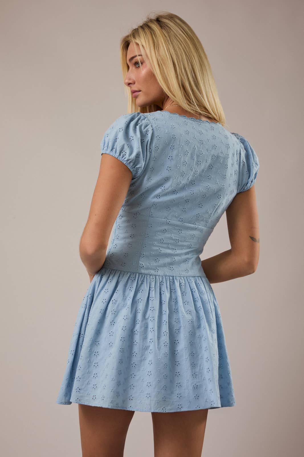 CAP SLEEVE SCALLOP V-NECK DROP WAIST MINI DRESS